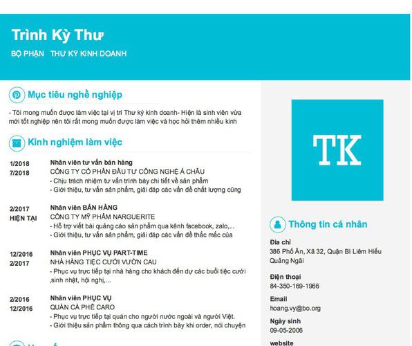 Mẫu CV BỘ PHẬN   THƯ KÝ KINH DOANH