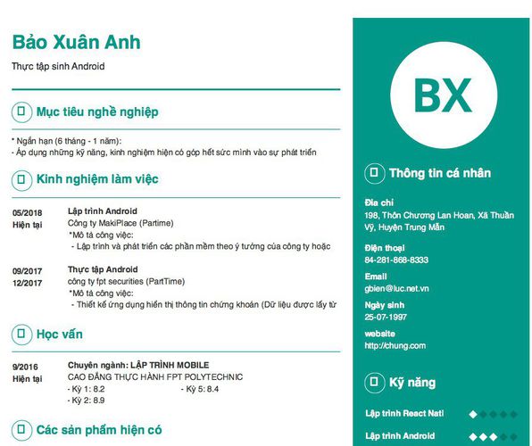 Mẫu CV Thực tập sinh Android