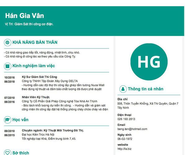 Mẫu CV Vị Trí: Giám Sát thi công cơ điện.