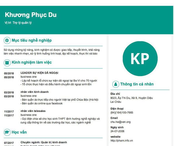 Mẫu CV Vị trí  Trợ lý quản lý