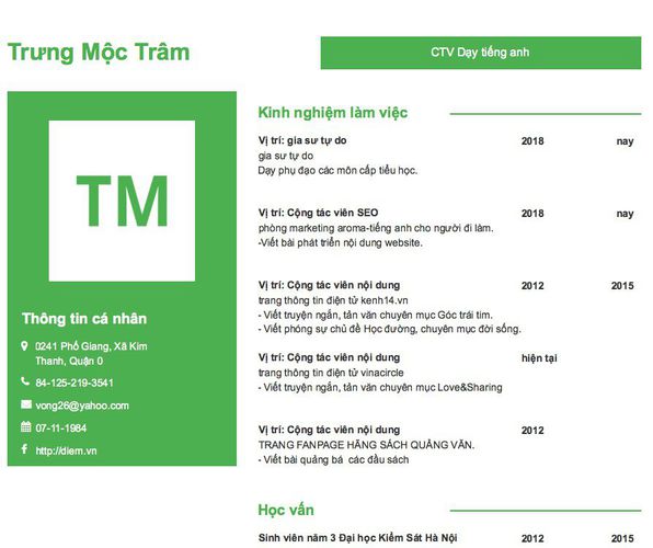 Mẫu CV CTV Dạy tiếng anh