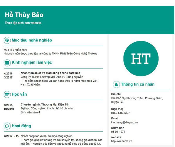 Mẫu CV Thực tập sinh seo website