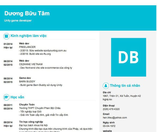 Mẫu CV Unity game developer