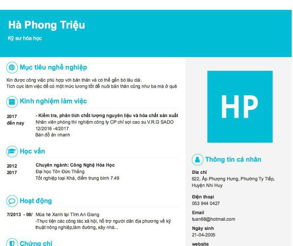 Mẫu CV Kỹ sư hóa học
