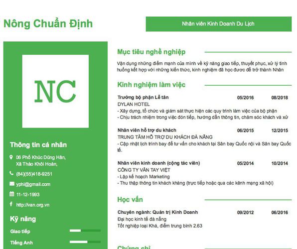 Mẫu CV Nhân viên Kinh Doanh Du Lịch