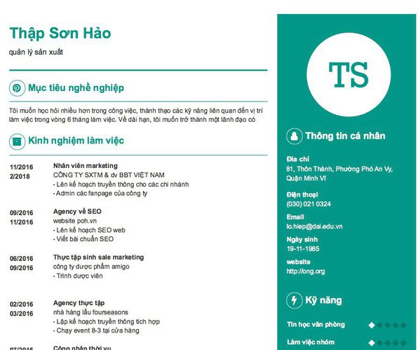 Mẫu CV quản lý sản xuất