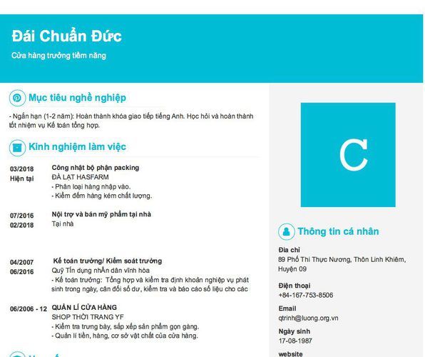 Mẫu CV Cửa hàng trưởng tiềm năng