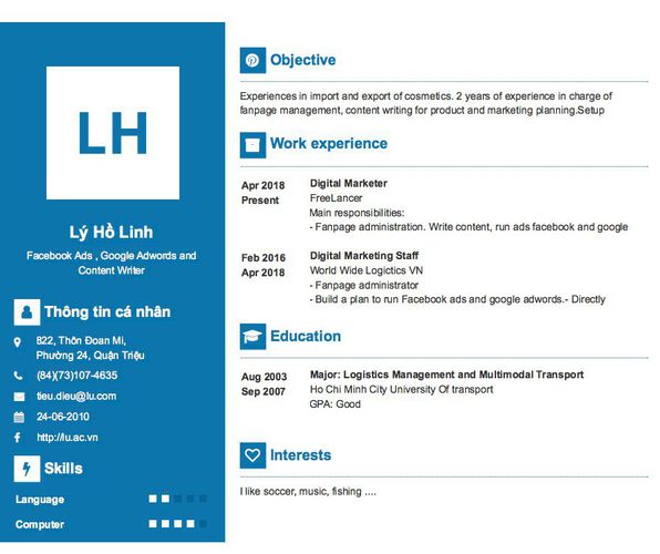 Mẫu CV Facebook Ads , Google Adwords and Content Writer