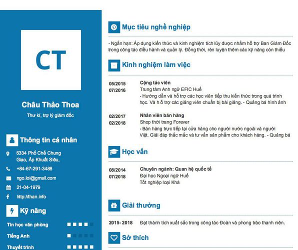 Mẫu CV Thư kí, trợ lý giám đốc