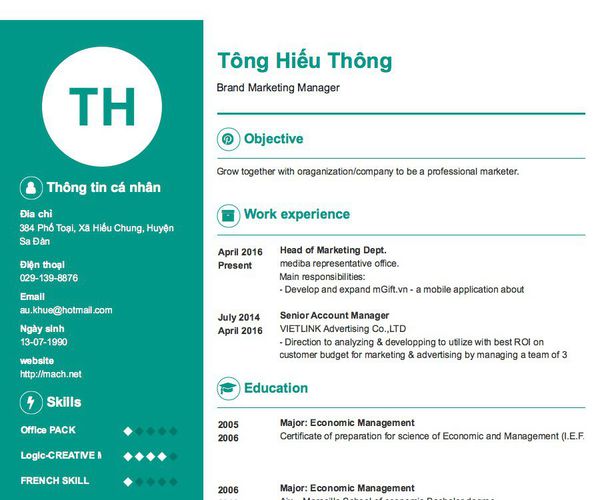 Mẫu CV Brand Marketing Manager
