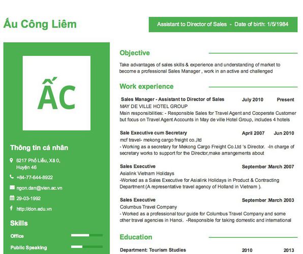 Gợi ý cách viết Mẫu CV tham khảo Assistant to Director of Sales  -  Date of birth: 1/5/1984