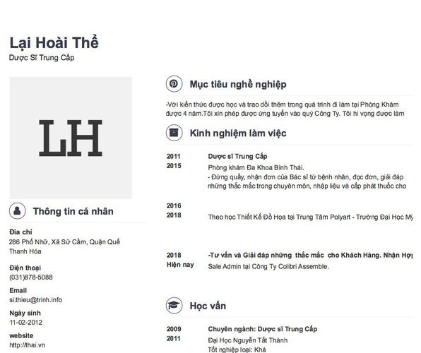 Mẫu CV Dược Sĩ Trung Cấp