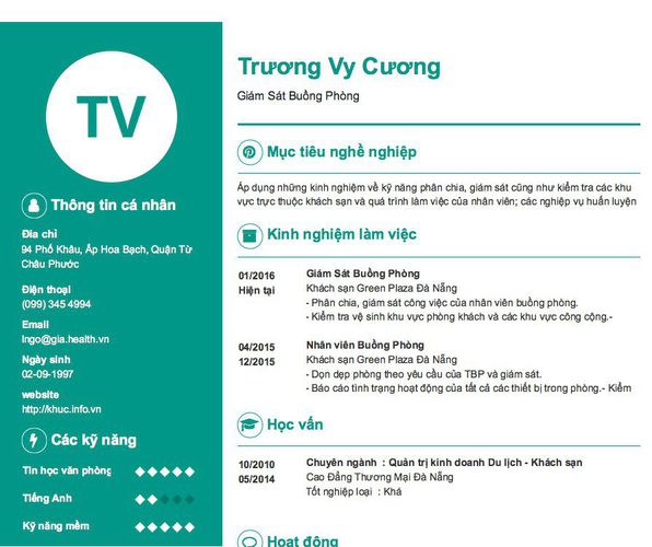 Mẫu CV Giám Sát Buồng Phòng