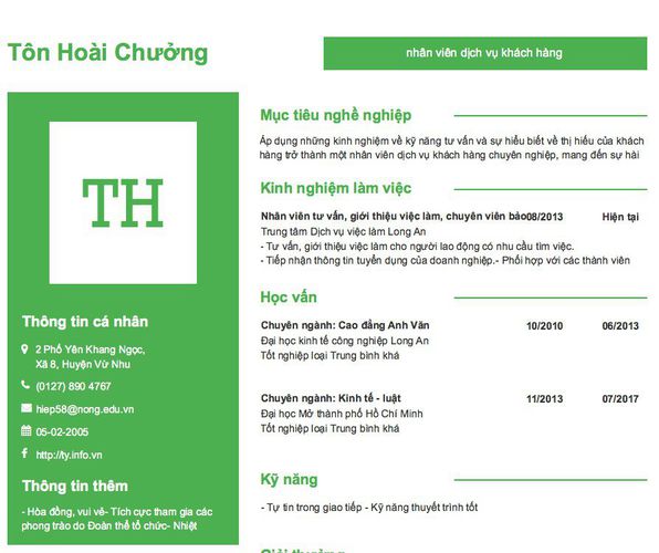 Mẫu CV nhân viên dịch vụ khách hàng