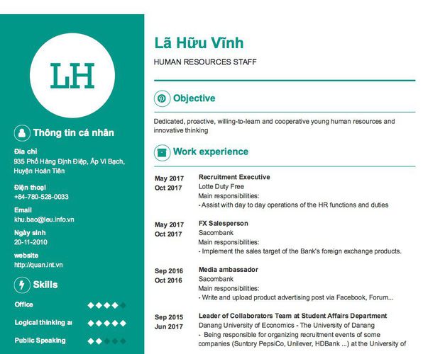 Mẫu CV HUMAN RESOURCES STAFF