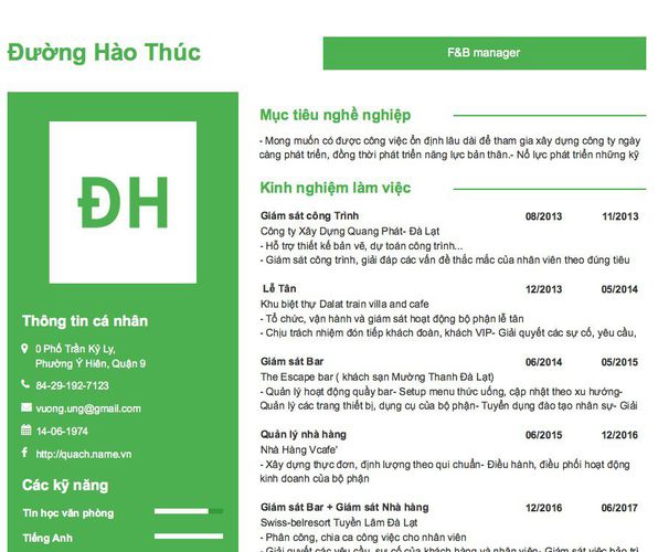 Gợi ý cách viết Mẫu CV tham khảo F&B manager