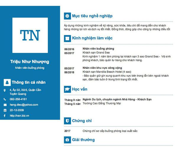 Mẫu CV Nhân viên buồng phòng