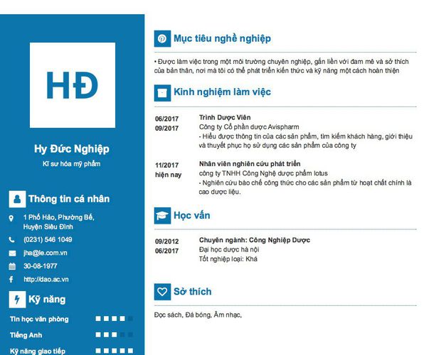 Mẫu CV Kĩ sư hóa mỹ phẩm