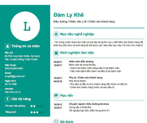 Gợi ý cách viết Mẫu CV tham khảo Điều dưỡng / Nhân viên y tế / Chăm sóc khách hàng