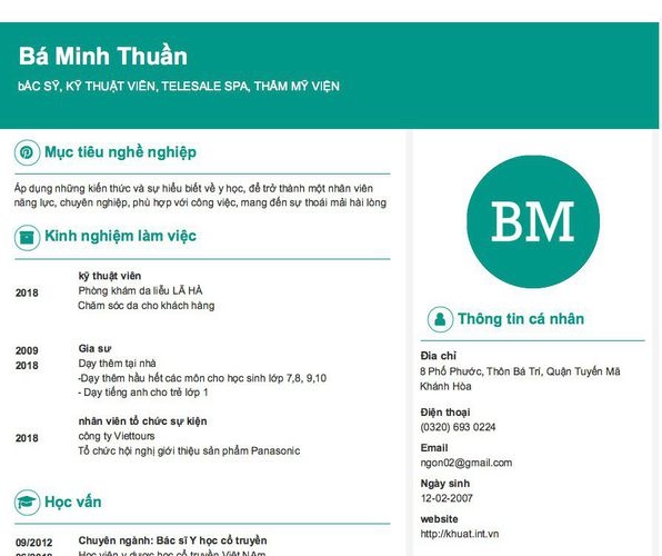 Gợi ý cách viết Mẫu CV tham khảo bÁC SỸ, KỸ THUẬT VIÊN, TELESALE SPA, THẨM MỸ VIỆN