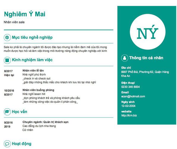 Mẫu CV Nhân viên sale