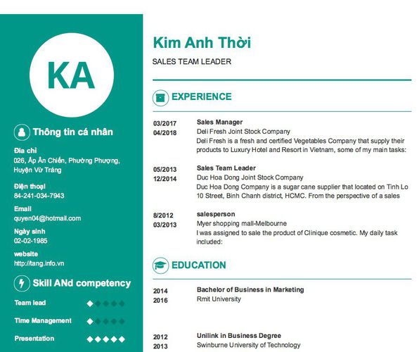 Mẫu CV SALES TEAM LEADER