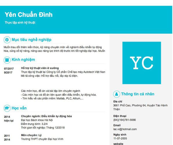 Mẫu CV Thực tập sinh kỹ thuật