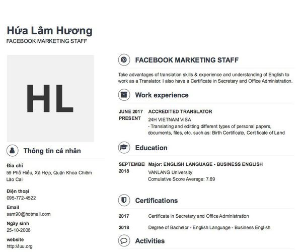Mẫu CV FACEBOOK MARKETING STAFF