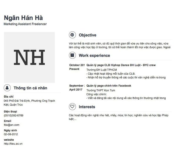 Mẫu CV Marketing Assistant Freelancer