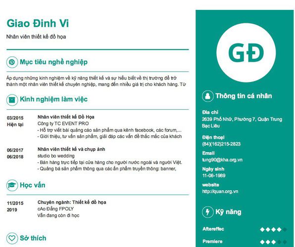 Mẫu CV Nhân viên thiết kế đồ họa