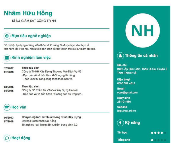 Mẫu CV           KĨ SƯ GIÁM SÁT CÔNG TRÌNH