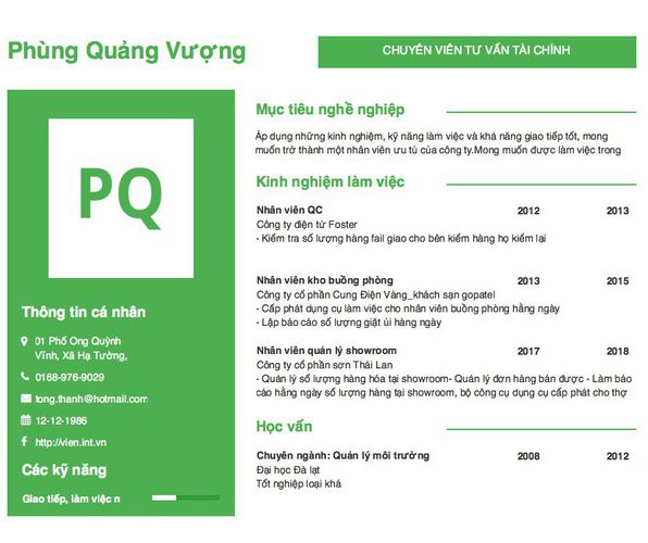 Mẫu CV CHUYÊN VIÊN TƯ VẤN TÀI CHÍNH