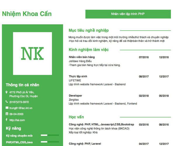 Mẫu CV Nhân viên lập trình PHP