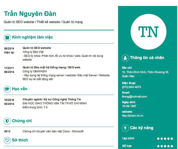 Gợi ý cách viết Mẫu CV tham khảo Quản trị SEO website / Thiết kế website / Quản trị mạng
