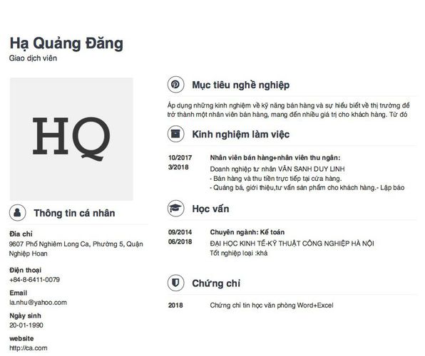 Mẫu CV Giao dịch viên