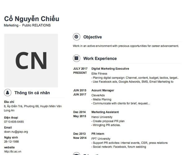 Mẫu CV Marketing -  Public RELATIONS