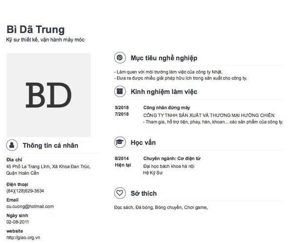 Mẫu CV Kỹ sư thiết kế, vận hành máy móc