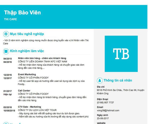 Mẫu CV TIKI CARE