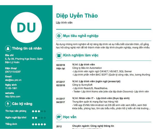 Mẫu CV Lập trình viên