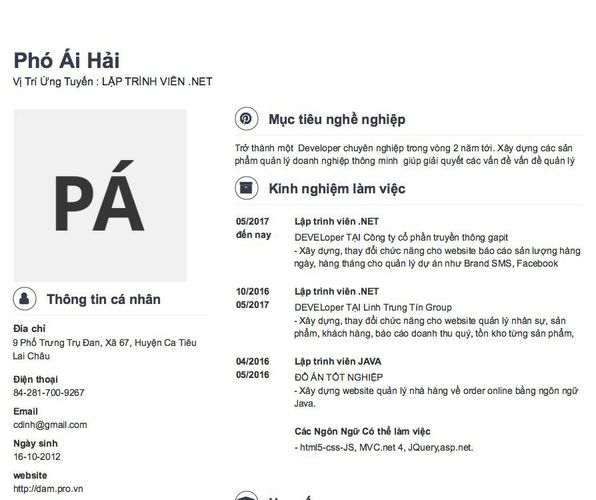 Gợi ý cách viết Mẫu CV tham khảo Vị Trí Ứng Tuyển : LẬP TRÌNH VIÊN .NET