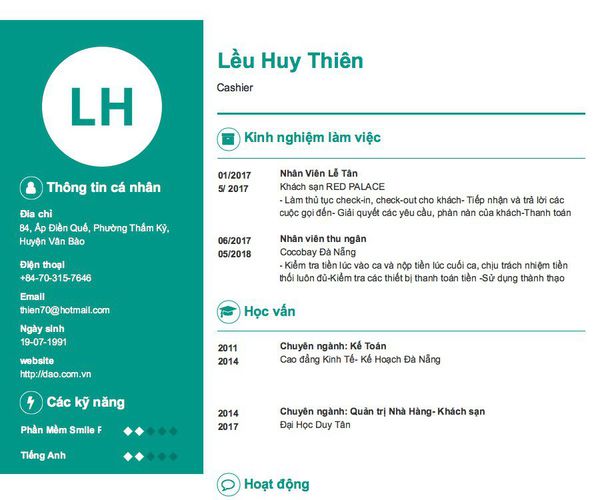 Mẫu CV Cashier