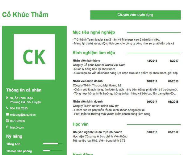 Mẫu CV Chuyên viên tuyển dụng