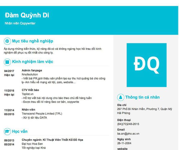 Mẫu CV Nhân viên Copywriter