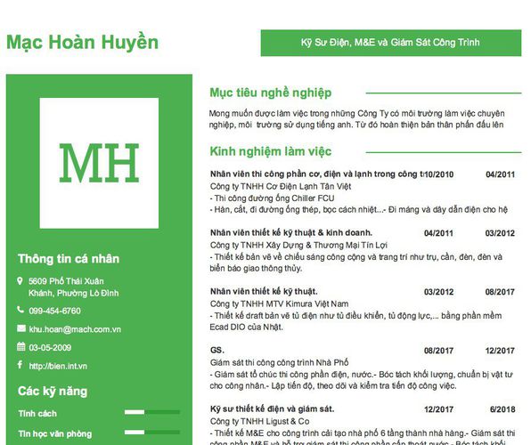 Mẫu CV Kỹ Sư Điện, M&E và Giám Sát Công Trình