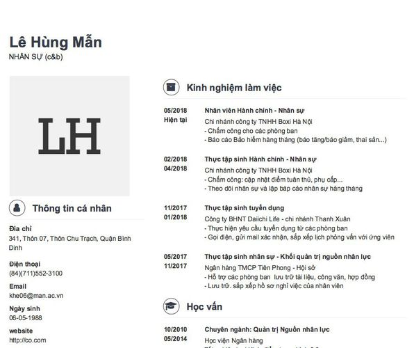 Gợi ý cách viết Mẫu CV tham khảo NHÂN SỰ (c&b)