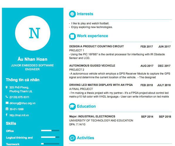 Mẫu CV JUNIOR EMBEDDED SOFTWARE ENGINEER