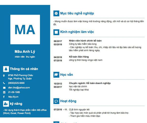 Mẫu CV nhân viên  thu ngân