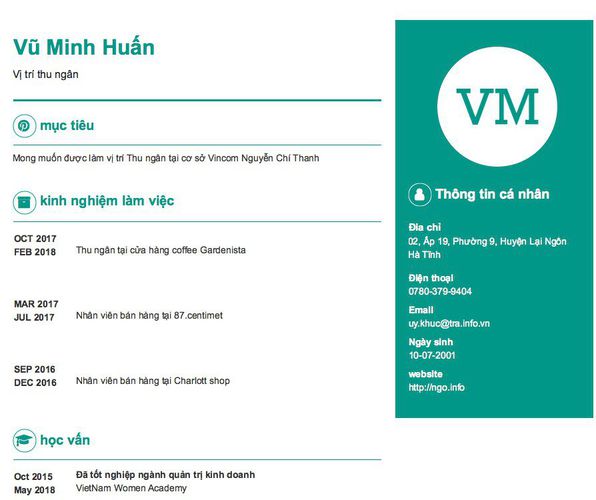 Mẫu CV Vị trí thu ngân