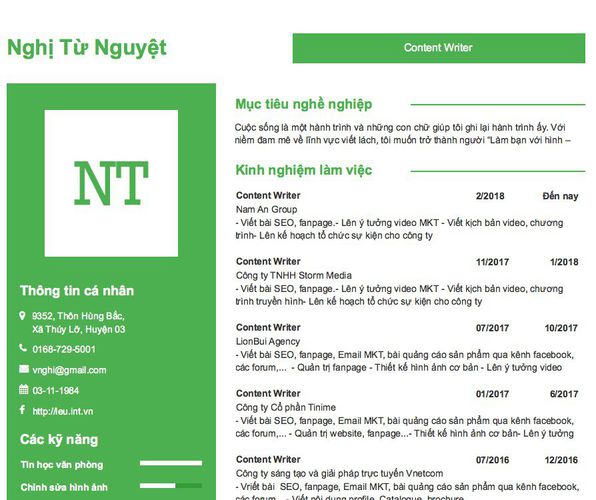 Mẫu CV Content Writer
