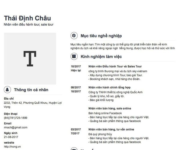 Mẫu CV Nhân viên điều hành tour, sale tour